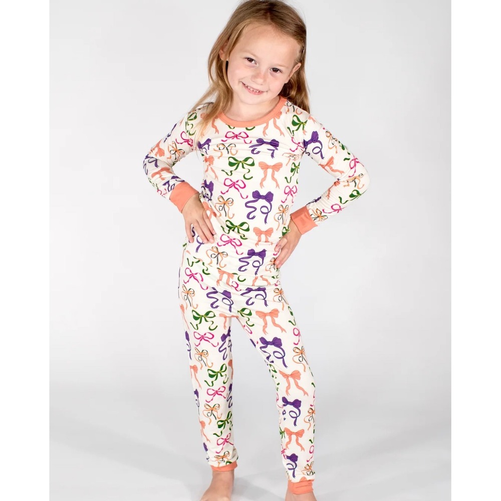 Goosies 5T Bamboo Viscose Pajama Set Bow Print‎ Long Sleeve Top and Leggings NWT
